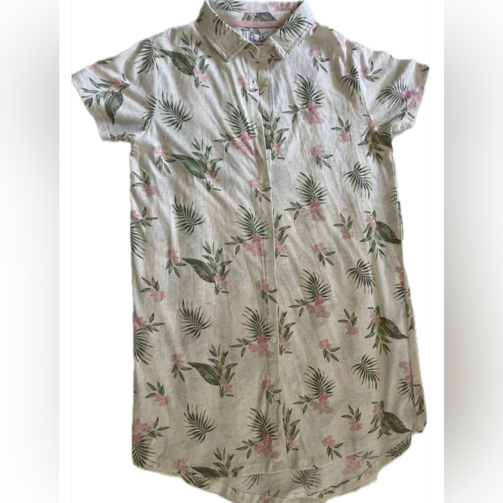 ROUDELAIN Notched-Collar Sleepshirt Borneo Tropical Floral Print Sz S Ivory
